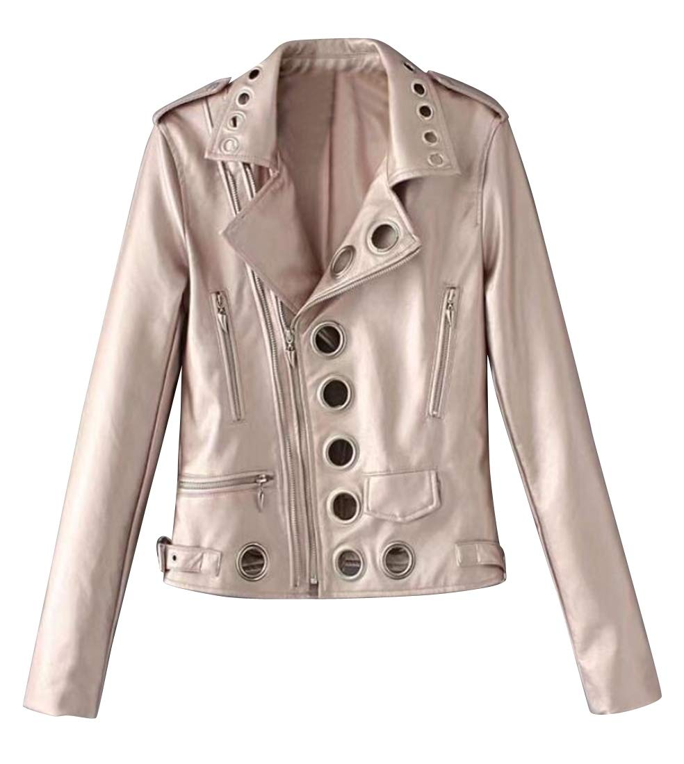 Women Ivory Metal Eyelets Rider Leather Jacket