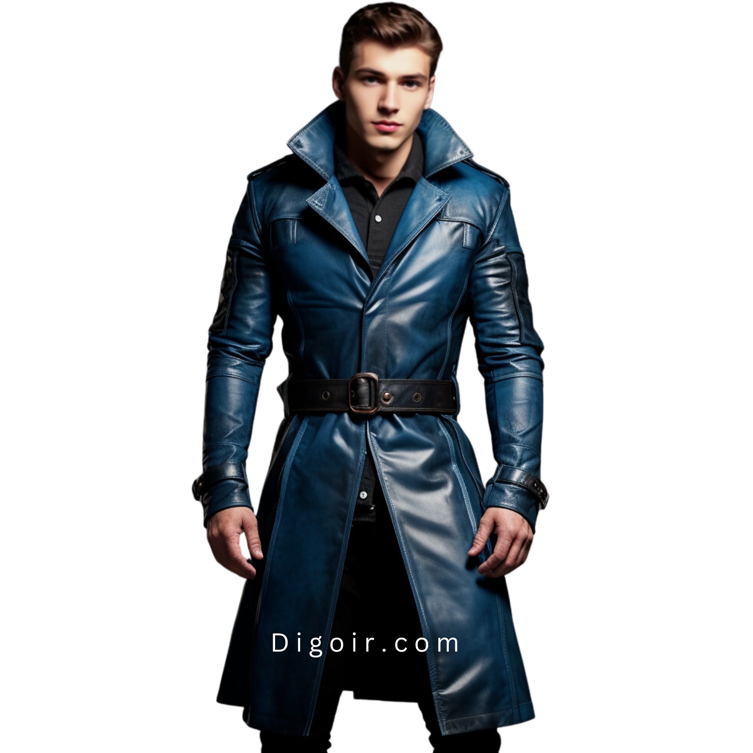 Men Dark Blue Luxury Belted Leather Trench Coat
