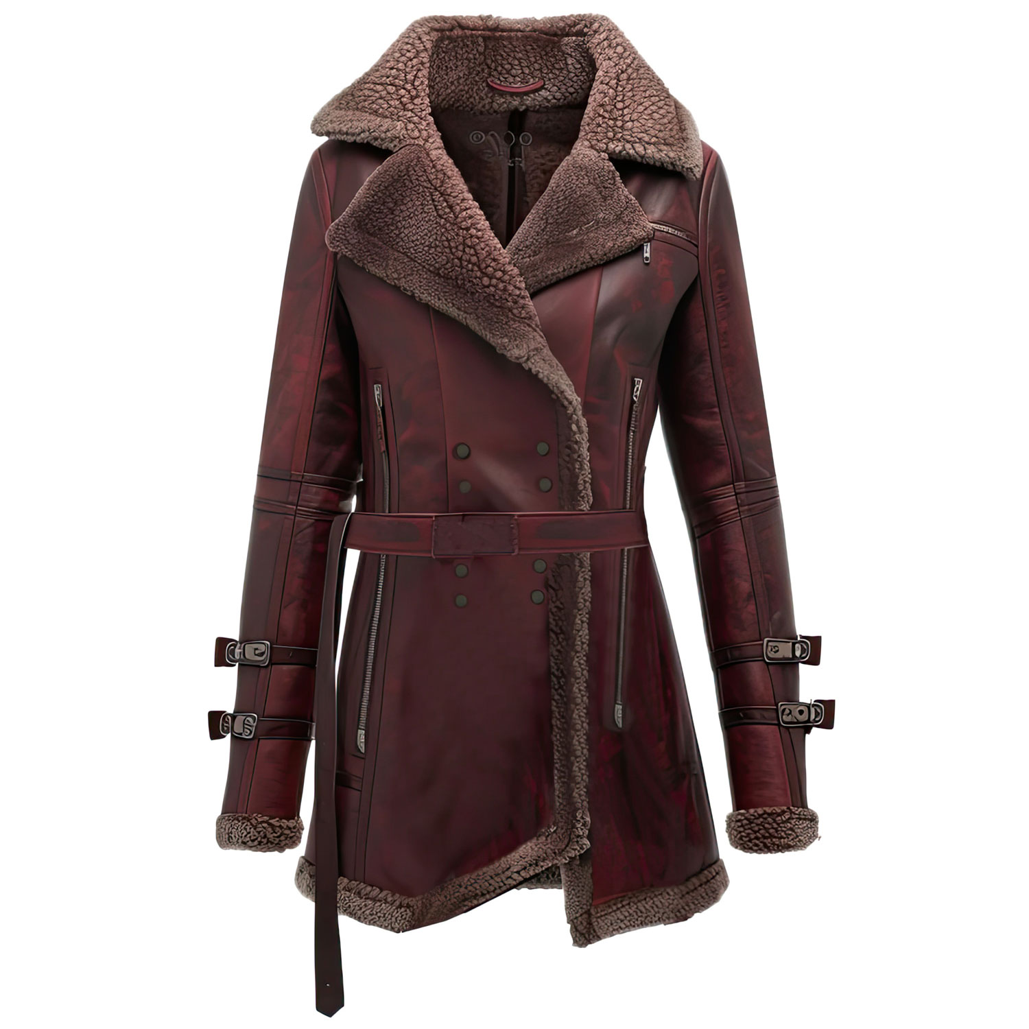 Women Distressed Maroon Sherpa Fur Leather Trench Coat