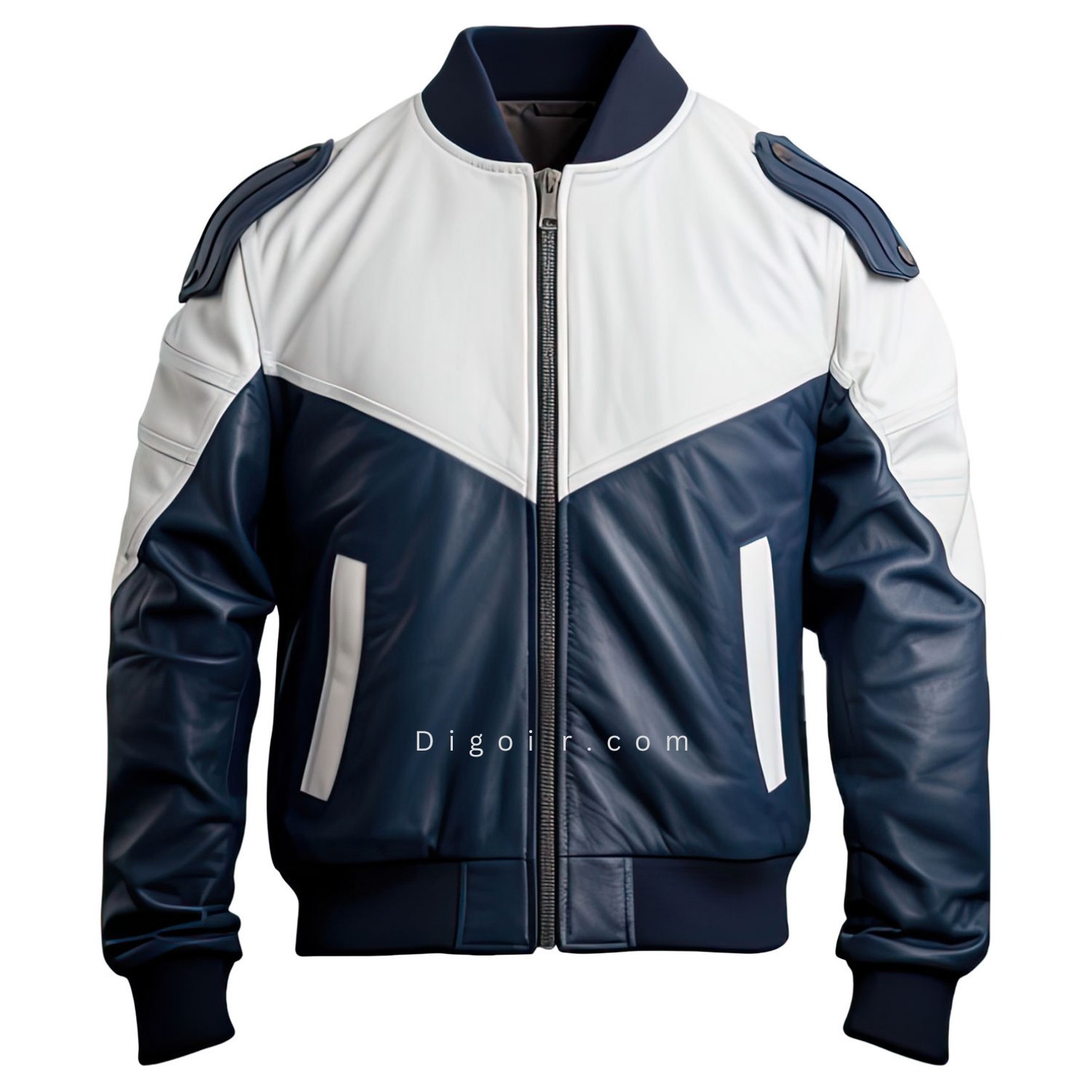 men_navy_blue_and_white_leather_Bomber_Jacket_front
